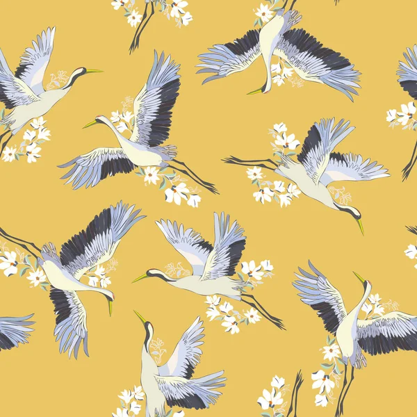 Японский бесшовный рисунок птиц и воды. Традиционный винтаг — стоковый вектор