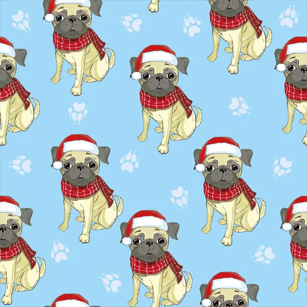 Vektor varrat nélküli mintát mopszli kutya, Santa kalap és a nyomok. — Stock Vector
