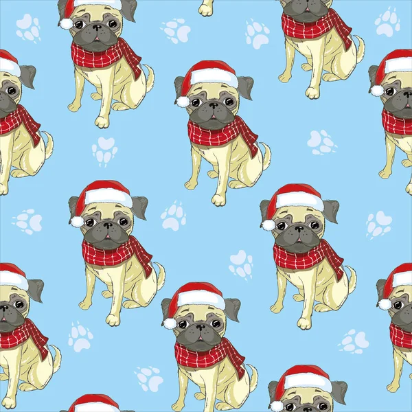 Pug-köpek Noel Baba'nın şapka ve izleri ile vektör seamless modeli. 