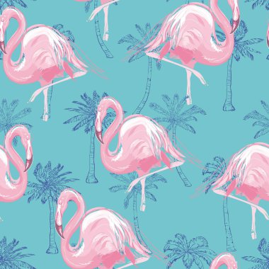 Flamingo ve ebegümeci ile güzel sorunsuz vektör tropikal desen arka plan. Soyut doku, çizgili. Duvar kağıtları, web sayfası arka planlar, yüzey dokuları, tekstil için mükemmel.