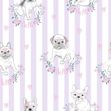 Karakter tasarım desen arka plan baş bulldog. Doodle stili