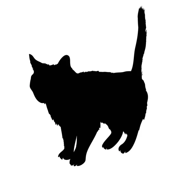 Черный силуэт кошки, сидящей боком изолированной на белом спинке — стоковый вектор