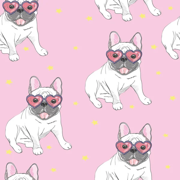 Padrão de design de personagem fundo de cabeça bulldog.Doodle estilo — Vetor de Stock