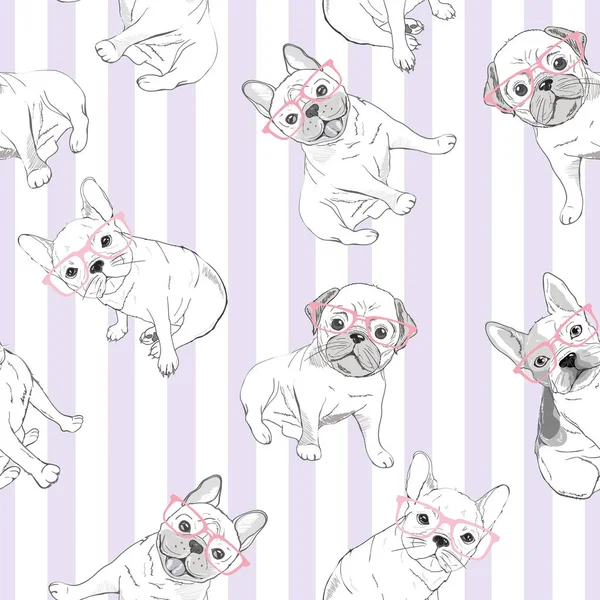 Padrão de design de personagem fundo de cabeça bulldog.Doodle estilo — Vetor de Stock