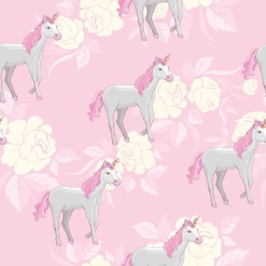 Tek boynuzlu at ve gökkuşağı Dikişsiz desen beyaz arka plan üzerinde izole