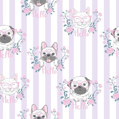 Şirin kedi, köpek, tavşan, yüzleri ile komik kız gibi seamless modeli.