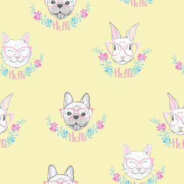 Şirin kedi, köpek, tavşan, yüzleri ile komik kız gibi seamless modeli.