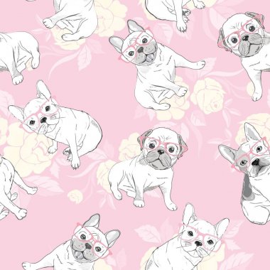 köpek. Fransız buldozer. kalp güneş gözlüğü. gözlük simgesi. resimde Dikişsiz desen duvar kağıdı arka plan