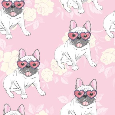 köpek. Fransız buldozer. kalp güneş gözlüğü. gözlük simgesi. resimde Dikişsiz desen duvar kağıdı arka plan