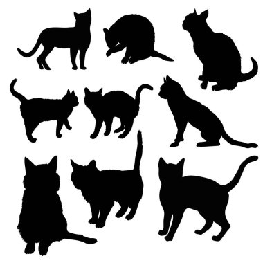 Siyah kedi silueti beyaz arka planda yanlamasına oturuyor. Vektör illüstrasyonu, simge, klip sanatı.