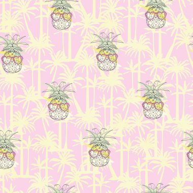 Ananas arka plan. Vektör tropikal meyve ile seamless modeli. Siyah ve beyaz. Kroki çizim.