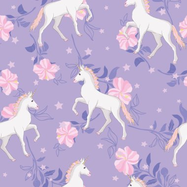 Tek boynuzlu at ve gökkuşağı Dikişsiz desen beyaz arka plan üzerinde izole