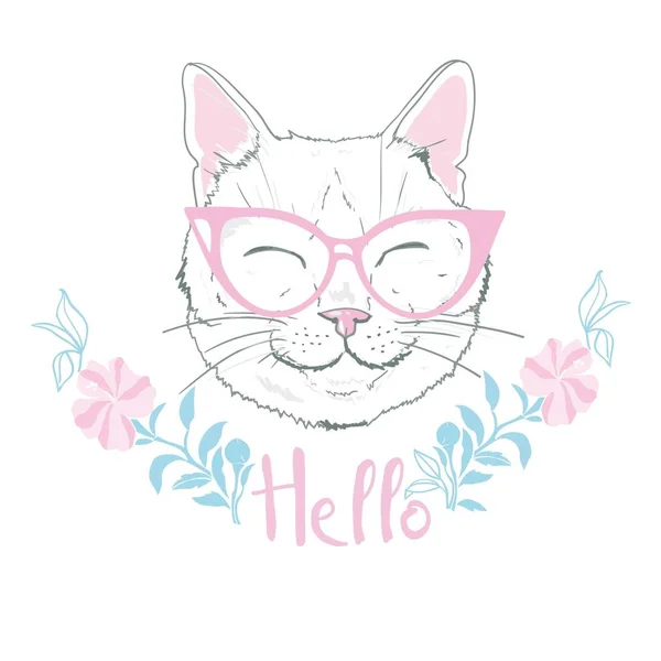 Lindo gato boceto vector ilustración, gato de diseño de impresión, los niños imprimen en camiseta chica. gato dibujado a mano con gafas — Vector de stock