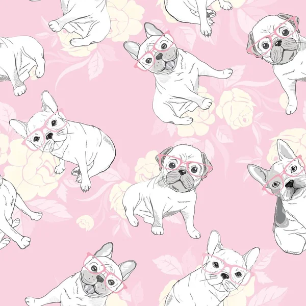 Hond. Franse bulldog. hart zonnebril. glazen pictogram. illustratie naadloze patroon behang achtergrond — Stockvector
