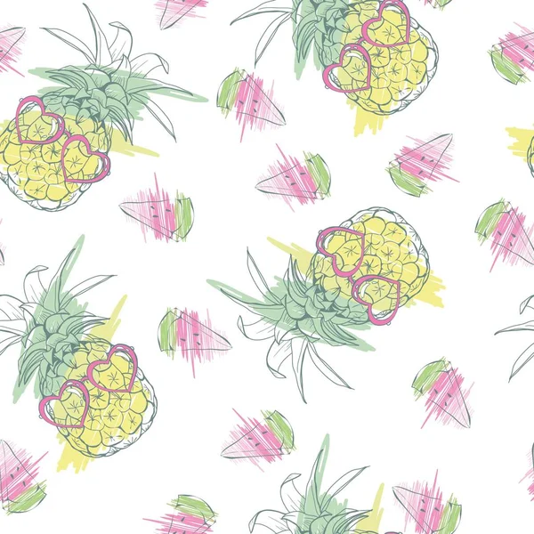 Pineapples background. Vector seamless pattern with tropical fruit. Black and white. Sketch illustration. — Stock Vector