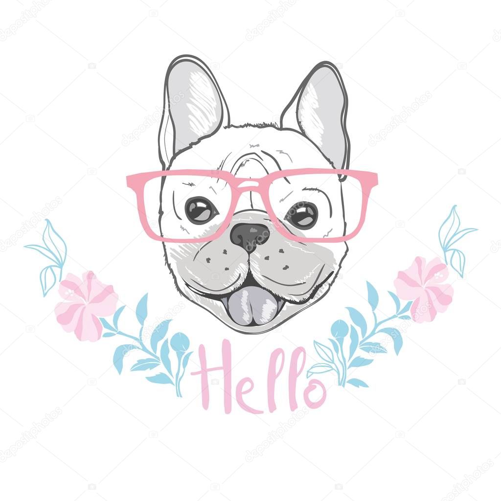 cute french bulldog princess, hand drawn graphic, animal illustration