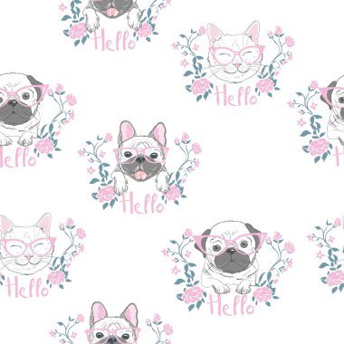 Şirin kedi, köpek, tavşan, yüzleri ile komik kız gibi seamless modeli.