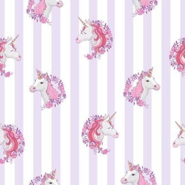 Tek boynuzlu at ve gökkuşağı Dikişsiz desen beyaz arka plan üzerinde izole