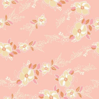 Çiçek ve yapraklı karalama şeklinde vektör deseni. Yumuşak, bahar çiçekli arka plan.