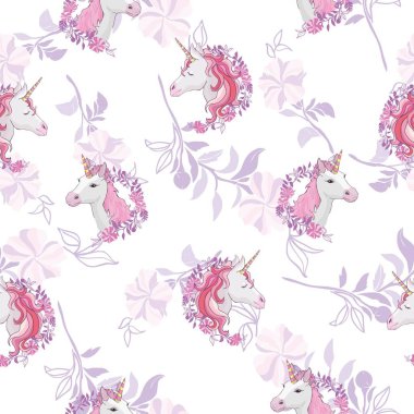 Tek boynuzlu at ve gökkuşağı Dikişsiz desen beyaz arka plan üzerinde izole