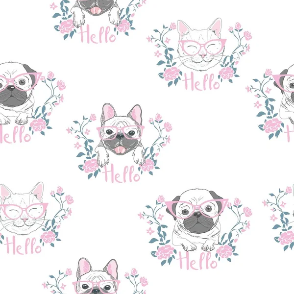 Şirin kedi, köpek, tavşan, yüzleri ile komik kız gibi seamless modeli.