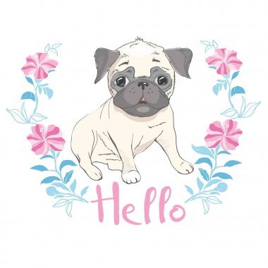 Pembe bir arka plan üzerinde bir kafa bandı içinde köpek yavrusu Pug. Vektör çizim.