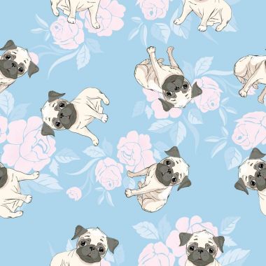 Çizgi filmlerdeki köpek yavrularıyla kusursuz bir model. Arka plan, duvar kağıdı, kumaş ve diğer tasarımlar için kullanılabilir. Fransız Bulldog deseni
