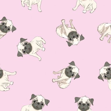 Çizgi filmlerdeki köpek yavrularıyla kusursuz bir model. Arka plan, duvar kağıdı, kumaş ve diğer tasarımlar için kullanılabilir. Fransız Bulldog deseni