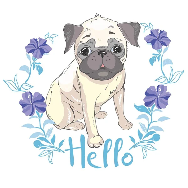 Cachorro Pug en una diadema sobre fondo rosa. Ilustración vectorial . — Vector de stock