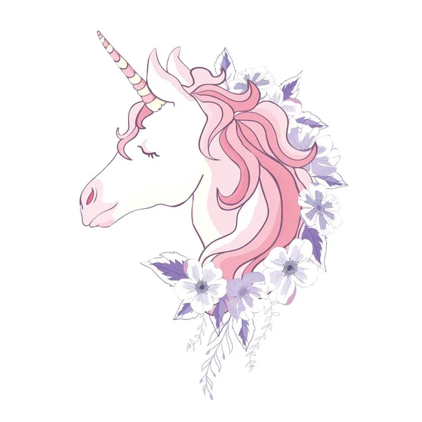 Unicorn vektor huvud med mane och horn på blommig bakgrund. — Stock vektor