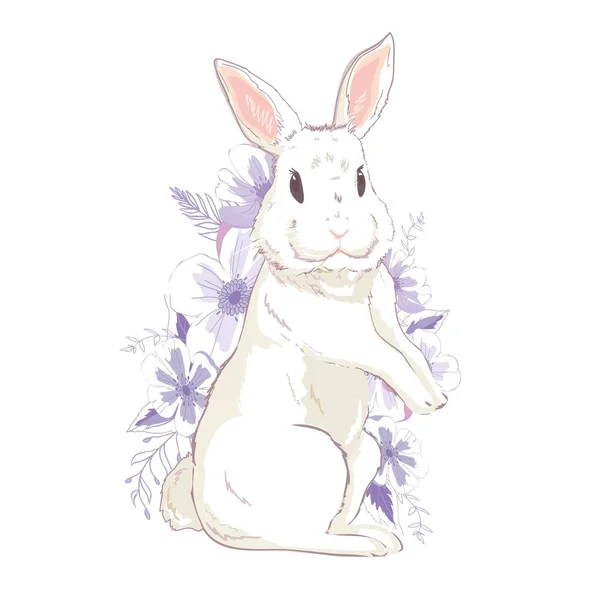 Happy Easter Bunny. Vectorillustratie voor Pasen wenskaart, uitnodiging met witte schattig konijn op hemelsblauw achtergrond. — Stockvector