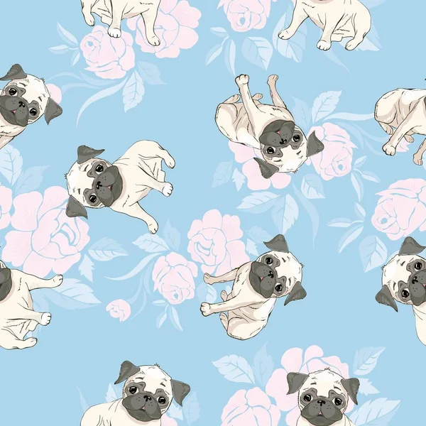 Padrão sem costura vetorial com filhotes de cachorro bonito cão dos desenhos animados. Pode ser usado como fundo, papel de parede, tecido e para outro padrão design.French Bulldog — Vetor de Stock