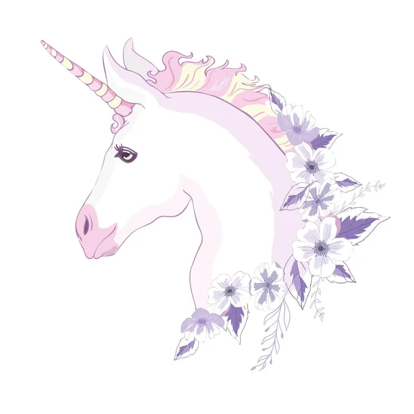 Unicorn vektor huvud med mane och horn på blommig bakgrund. — Stock vektor