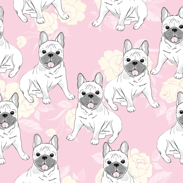 Modèle sans couture vectoriel avec chiots chien dessin animé mignon. Peut être utilisé comme fond, papier peint, tissu et pour tout autre motif design.French Bulldog — Image vectorielle