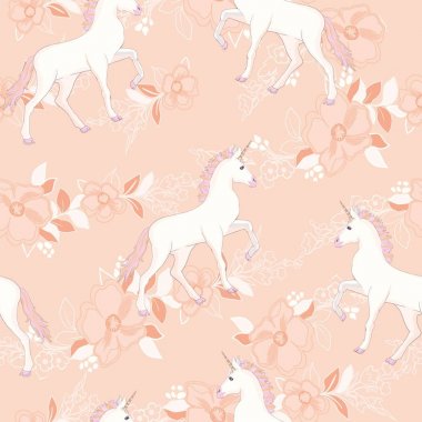 Tek boynuzlu at seamless modeli. Gökkuşağı yele ve boynuz yıldız düz mor zemin üzerine tek boynuzlu atlar. Vektör çizim. Beyaz tek boynuzlu at kafası ile şirin sihirli fantezi duvar kağıdı.