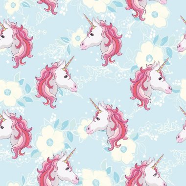 Tek boynuzlu at seamless modeli. Gökkuşağı yele ve boynuz yıldız düz mor zemin üzerine tek boynuzlu atlar. Vektör çizim. Beyaz tek boynuzlu at kafası ile şirin sihirli fantezi duvar kağıdı.