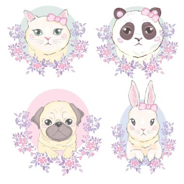 Şirin kedi, köpek, tavşan, yüzleri ile komik kız gibi seamless modeli.