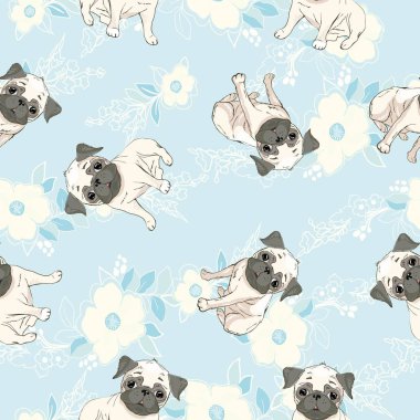 Çizgi filmlerdeki köpek yavrularıyla kusursuz bir model. Arka plan, duvar kağıdı, kumaş ve diğer tasarımlar için kullanılabilir. Fransız Bulldog deseni