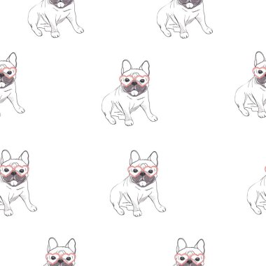 Çizgi filmlerdeki köpek yavrularıyla kusursuz bir model. Arka plan, duvar kağıdı, kumaş ve diğer tasarımlar için kullanılabilir. Fransız Bulldog deseni