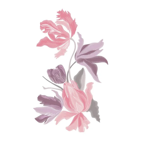 Bouquet da ricamo di tulipani. Sagoma alla moda per progetto di vestiti, progetto di t-camicia, arazzo. Ricamo classico tulipani rossi e gialli — Vettoriale Stock