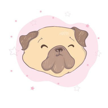 Pembe bir donut ile sevimli bej köpek pug. Güzel bir gün-yazı alıntı var. Mizah kartı, t-shirt kompozisyon, el çizilmiş stil baskı. Vektör Illustration.