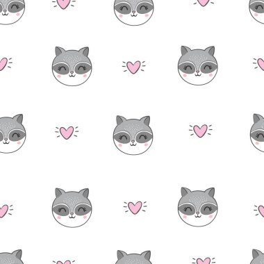 Şirin ve güzel rakunları olan kusursuz bir geçmişi var. Çizgi film karakteri ile sevimli bir arkaplan. Çocuklar için hayvanlarla tekrar eden doku. Kartpostal, poster, doku, kumaş.