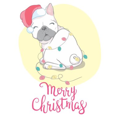 Noel kartı. Noel Baba şapkalı Fransız bulldog portresi. Vektör illüstrasyonu.