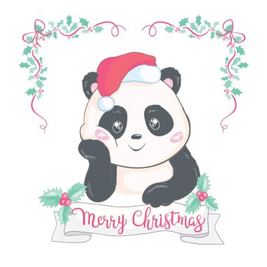 Sevimli Noel çizgi film ayı panda karakteri üzerinde beyaz izole ponpon vektör görüntü ile Noel Baba'nın şapkalı. Komik bearcat çocuk Xmas tasarım. Neşeli Noel ve mutlu yeni yıl tebrik kartı görüntü.