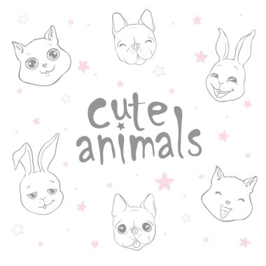 Neşeli köpekler ve mutlu kukla ile kartı. Vektör arka plan melezler, çoban köpeği, dachshund, lap-köpek ve diğerleri ile doğurmak.