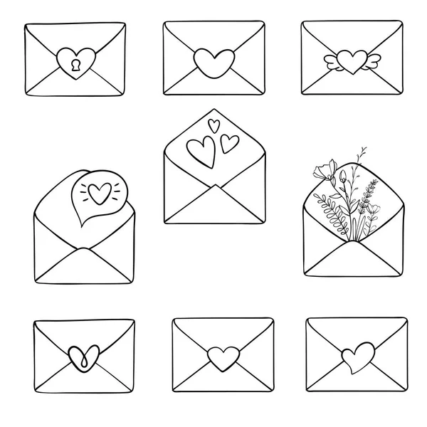 Valentijnsdag clip art. Envelop met hartjes, stempels en hartjes, liefdeskaart met letters. Vliegend hart met vleugels. Vectorillustratie — Stockvector