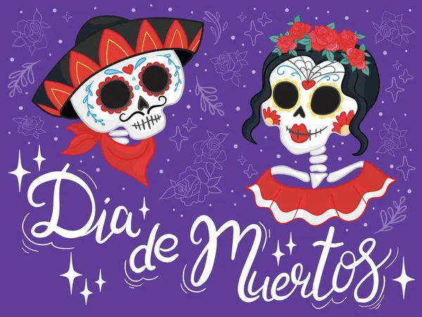 Vector hand getekend illustratie van Mexicaanse vakantie "Dag van de Doden". De ansichtkaart met traditionele suikerschedels, goudsbloem en kaarsen en belettering "Dia de Muertos" — Stockvector