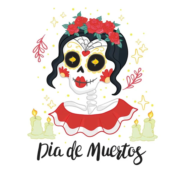 Vector hand getekend illustratie van Mexicaanse vakantie "Dag van de Doden". De ansichtkaart met traditionele suikerschedels, goudsbloem en kaarsen en belettering "Dia de Muertos" — Stockvector