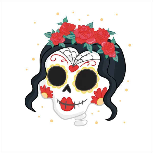 Illustration vectorielle dessinée à la main de la fête mexicaine "Jour des morts". La carte postale avec crânes de sucre traditionnels, fleurs de souci et bougies, et lettrage "Dia de Muertos " — Image vectorielle