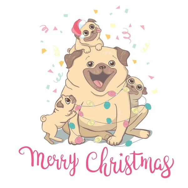 Cachorro Pug en un sombrero de Santa y con bola de juguete de Navidad. Ilustración vectorial . — Vector de stock